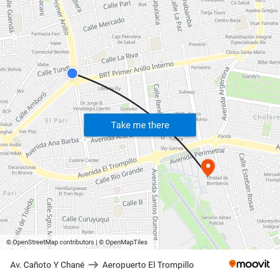 Av. Cañoto Y Chané to Aeropuerto El Trompillo map