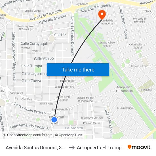 Avenida Santos Dumont, 3050 to Aeropuerto El Trompillo map