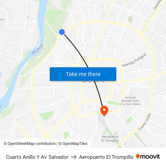 Cuarto Anillo Y Av. Salvador to Aeropuerto El Trompillo map