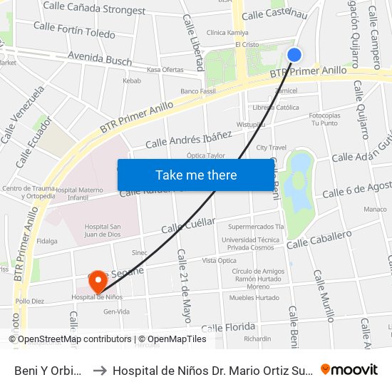 Beni Y Orbigny to Hospital de Niños Dr. Mario Ortiz Suárez map