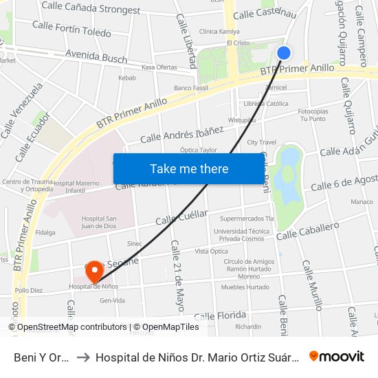 Beni Y Orbigny to Hospital de Niños Dr. Mario Ortiz Suárez-Emergencia map