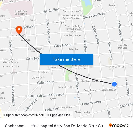 Cochabamba, 171 to Hospital de Niños Dr. Mario Ortiz Suárez-Emergencia map