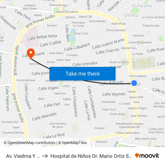 Av. Viedma Y Ballivían to Hospital de Niños Dr. Mario Ortiz Suárez-Emergencia map