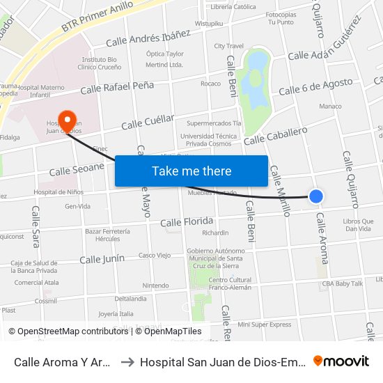 Calle Aroma Y Arenales to Hospital San Juan de Dios-Emergencia map