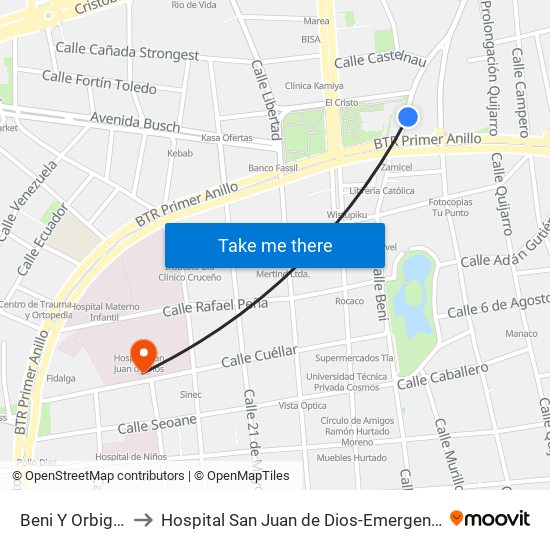 Beni Y Orbigny to Hospital San Juan de Dios-Emergencia map