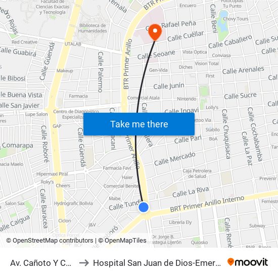 Av. Cañoto Y Chané to Hospital San Juan de Dios-Emergencia map