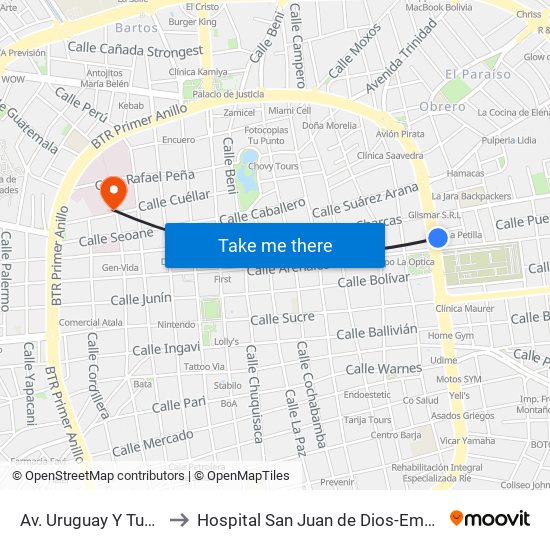 Av. Uruguay Y Tumusla to Hospital San Juan de Dios-Emergencia map
