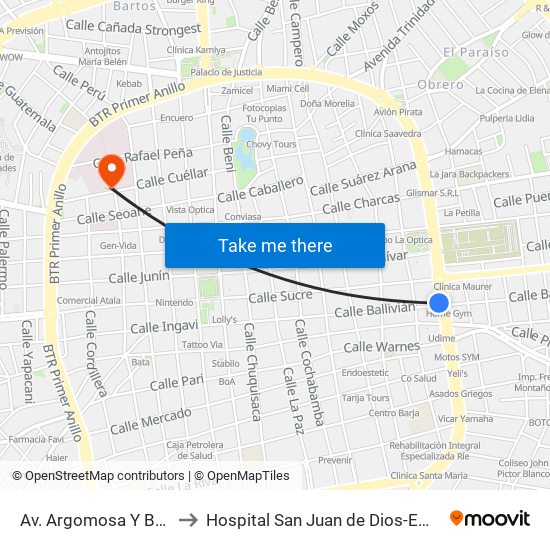 Av. Argomosa Y Ballivián to Hospital San Juan de Dios-Emergencia map