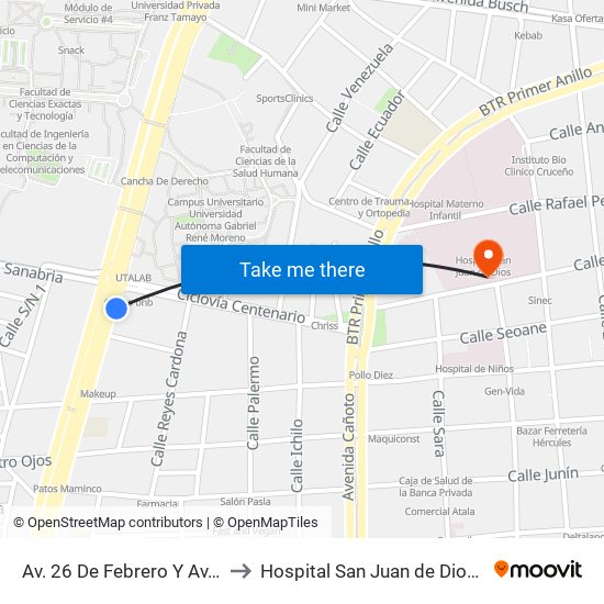 Av. 26 De Febrero Y Av. Centenario to Hospital San Juan de Dios-Emergencia map