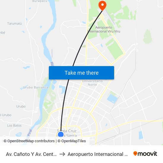 Av. Cañoto Y Av. Centenario to Aeropuerto Internacional Viru Viru map