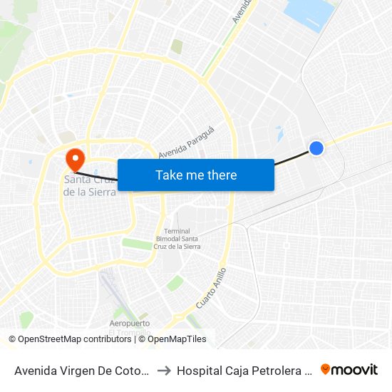 Avenida Virgen De Cotoca, 5070 to Hospital Caja Petrolera de Salud map