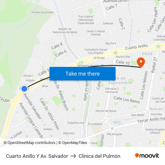 Cuarto Anillo Y Av. Salvador to Clínica del Pulmón map