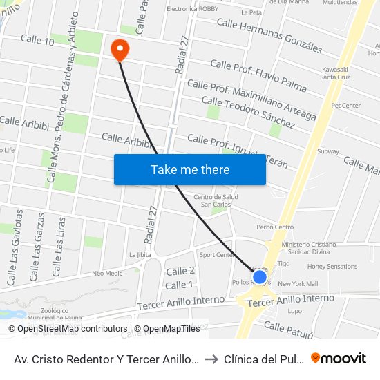 Av. Cristo Redentor Y Tercer Anillo Interno to Clínica del Pulmón map