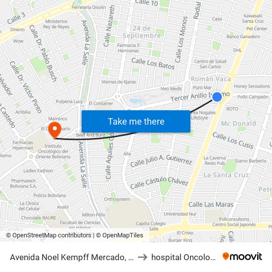 Avenida Noel Kempff Mercado, 1251 to hospital Oncologico map