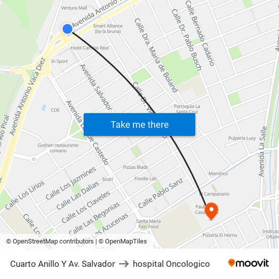 Cuarto Anillo Y Av. Salvador to hospital Oncologico map