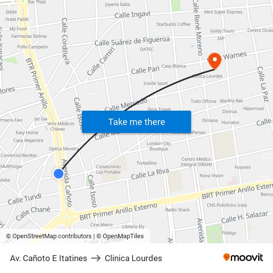 Av. Cañoto E Itatines to Clinica Lourdes map