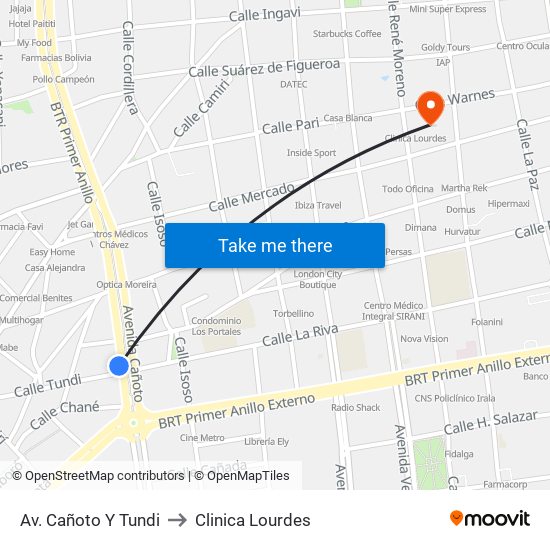 Av. Cañoto Y Tundi to Clinica Lourdes map
