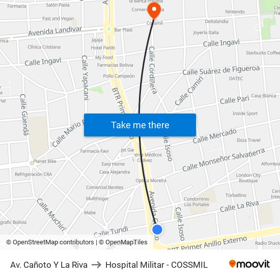 Av. Cañoto Y La Riva to Hospital Militar - COSSMIL map