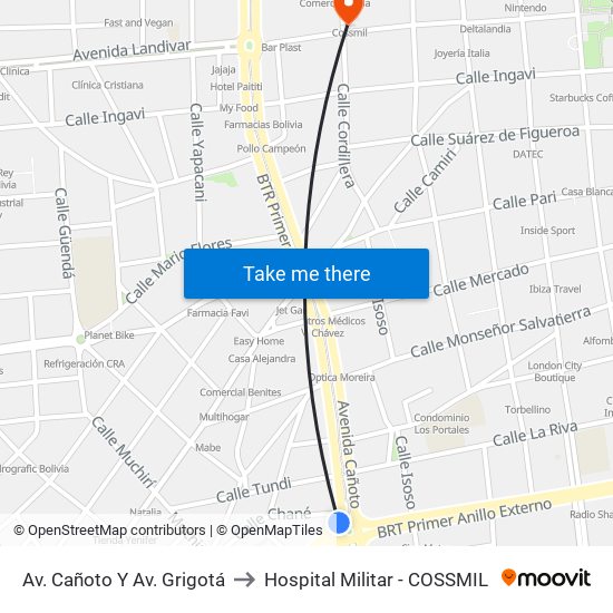 Av. Cañoto Y Av. Grigotá to Hospital Militar - COSSMIL map