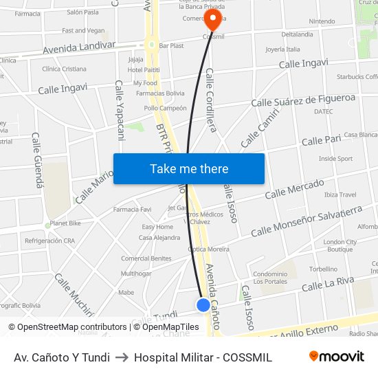 Av. Cañoto Y Tundi to Hospital Militar - COSSMIL map