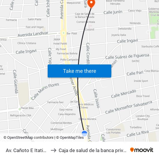 Av. Cañoto E Itatines to Caja de salud de la banca privada map