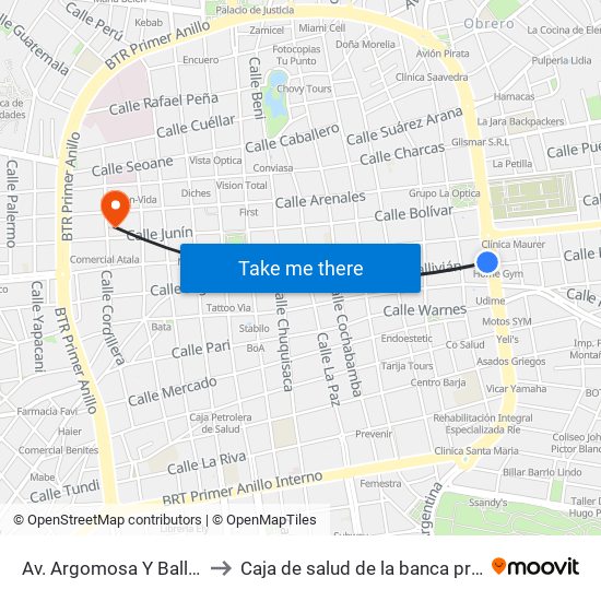 Av. Argomosa Y Ballivián to Caja de salud de la banca privada map