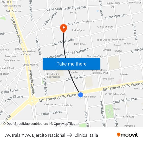 Av. Irala Y Av. Ejército Nacional to Clinica Italia map