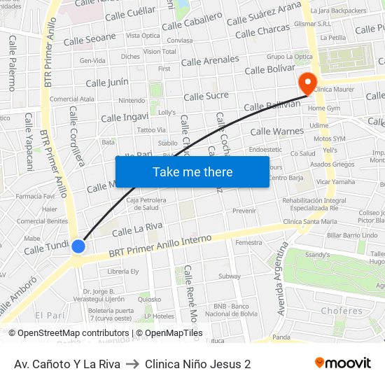 Av. Cañoto Y La Riva to Clinica Niño Jesus 2 map