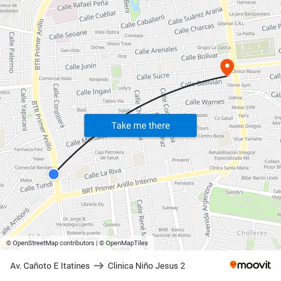 Av. Cañoto E Itatines to Clinica Niño Jesus 2 map