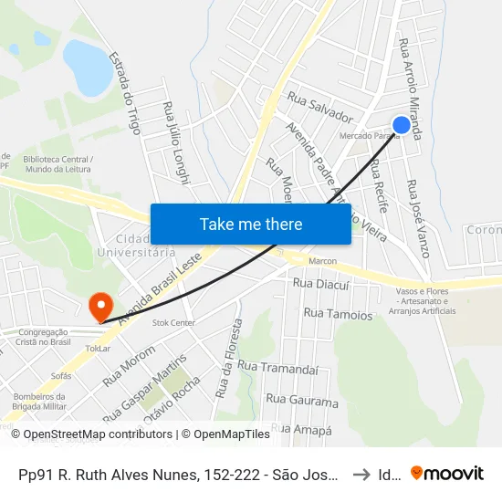 Pp91 R. Ruth Alves Nunes, 152-222 - São José(Parada Frente Casa 166) to Ideau map