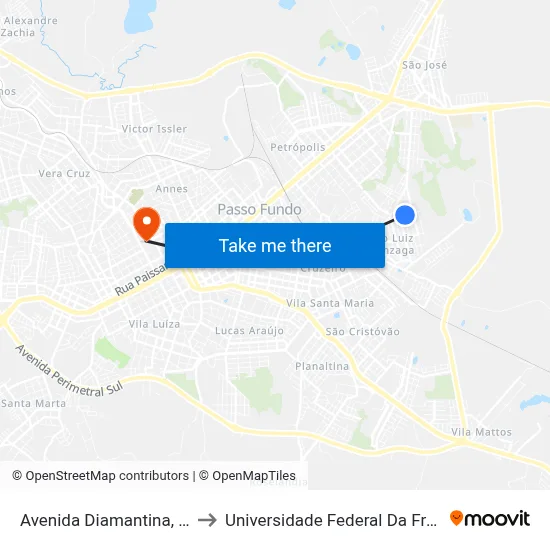 Avenida Diamantina, 269-343 to Universidade Federal Da Fronteira Sul map