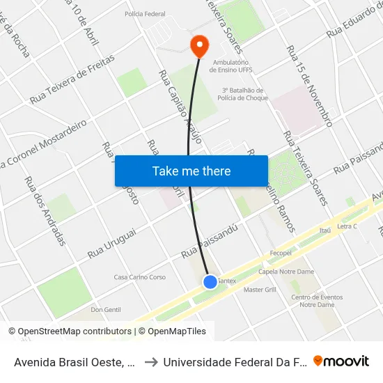Avenida Brasil Oeste, 1197-1321 to Universidade Federal Da Fronteira Sul map