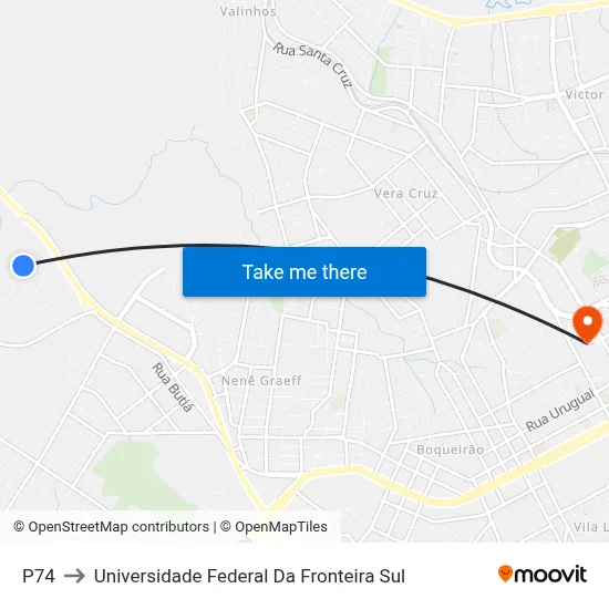 P74 to Universidade Federal Da Fronteira Sul map