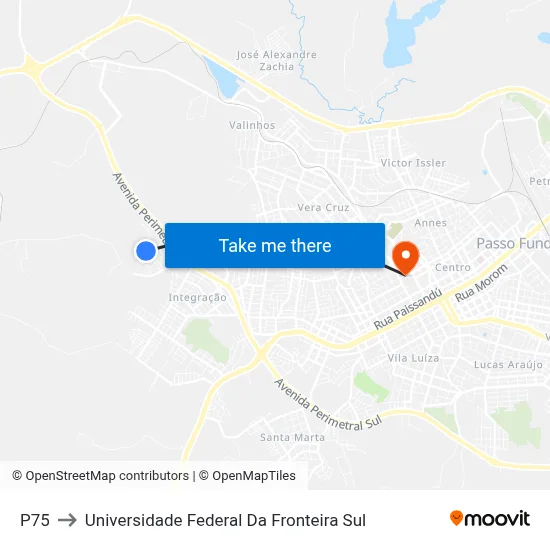 P75 to Universidade Federal Da Fronteira Sul map