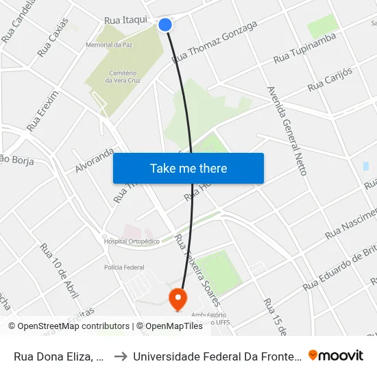 Rua Dona Eliza, 1022 to Universidade Federal Da Fronteira Sul map