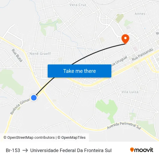 Br-153 to Universidade Federal Da Fronteira Sul map
