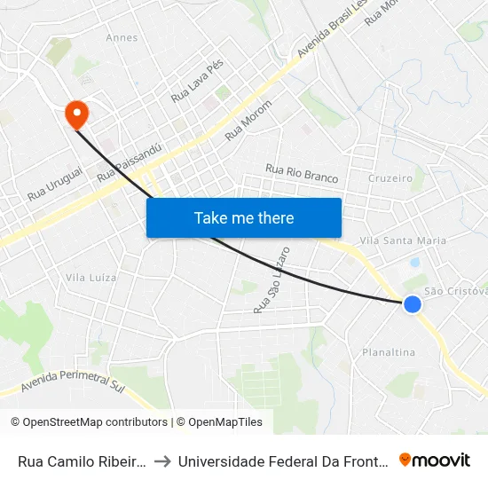 Rua Camilo Ribeiro, 34 to Universidade Federal Da Fronteira Sul map