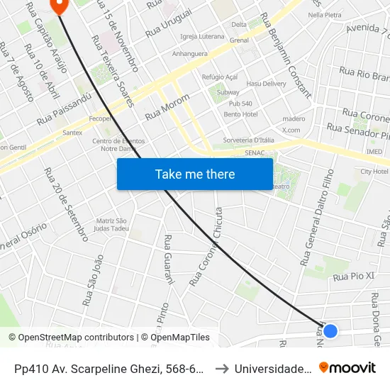 Pp410 Av. Scarpeline Ghezi, 568-660 - Vila Lucas Araujo(Igreja Dos Santos Dos Últimos Dias) to Universidade Federal Da Fronteira Sul map