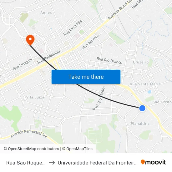 Rua São Roque, 56 to Universidade Federal Da Fronteira Sul map