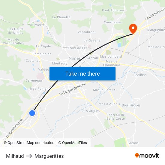 Milhaud to Marguerittes map