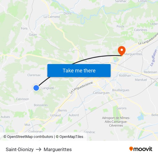 Saint-Dionizy to Marguerittes map