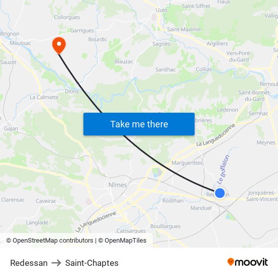 Redessan to Saint-Chaptes map