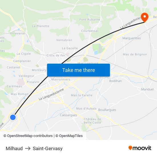 Milhaud to Saint-Gervasy map