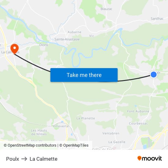 Poulx to La Calmette map