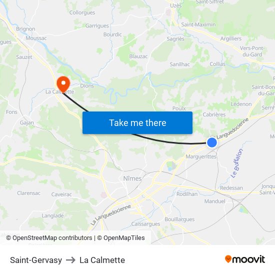 Saint-Gervasy to La Calmette map