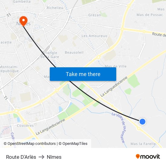 Route D'Arlès to Nîmes map