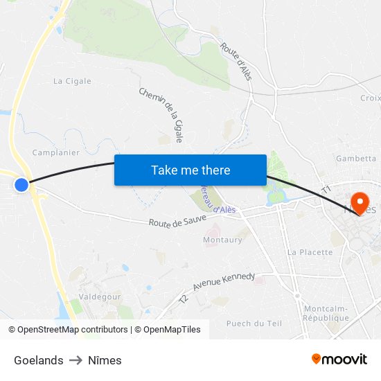 Goelands to Nîmes map