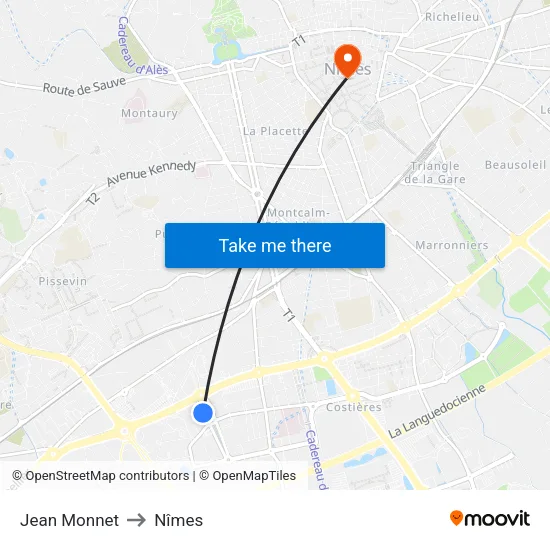 Jean Monnet to Nîmes map