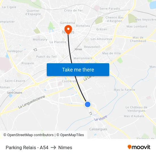 Parking Relais - A54 to Nîmes map