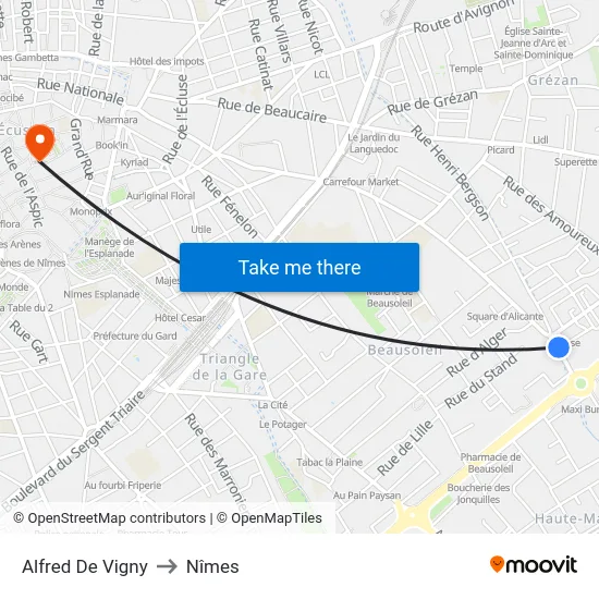 Alfred De Vigny to Nîmes map
